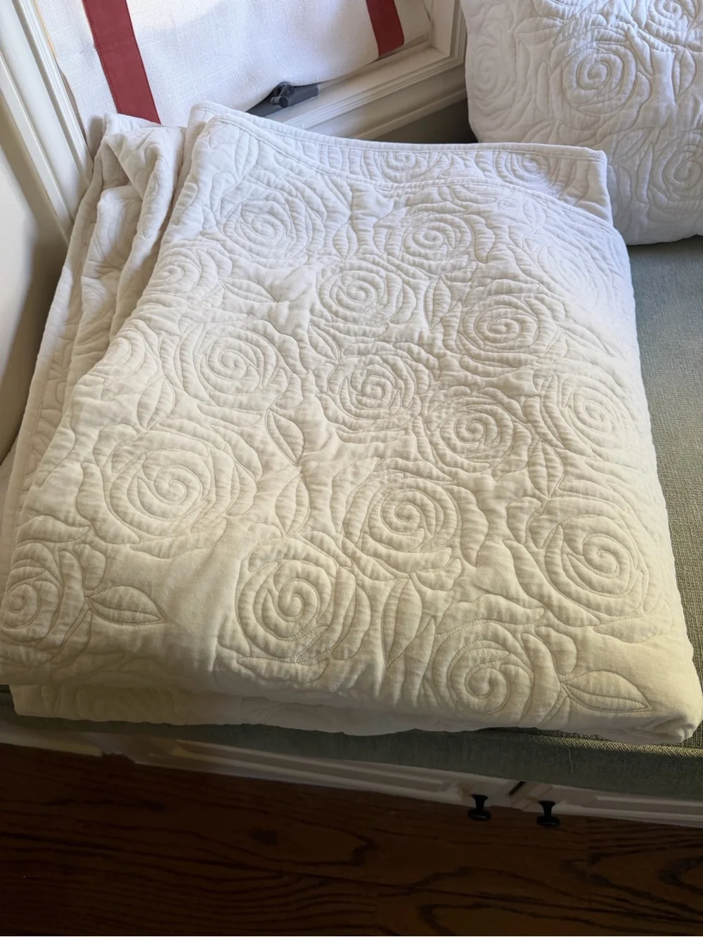 LoveShackFancy Cream Quilted Rosette Bedspread with Floral Accents